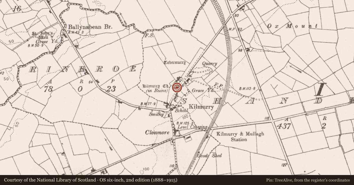 Ordnance Survey six-inch map, 2nd edition (1888–1915) covering the location of Church, Shandrum, County Clare, with a pin at the register's coordinates