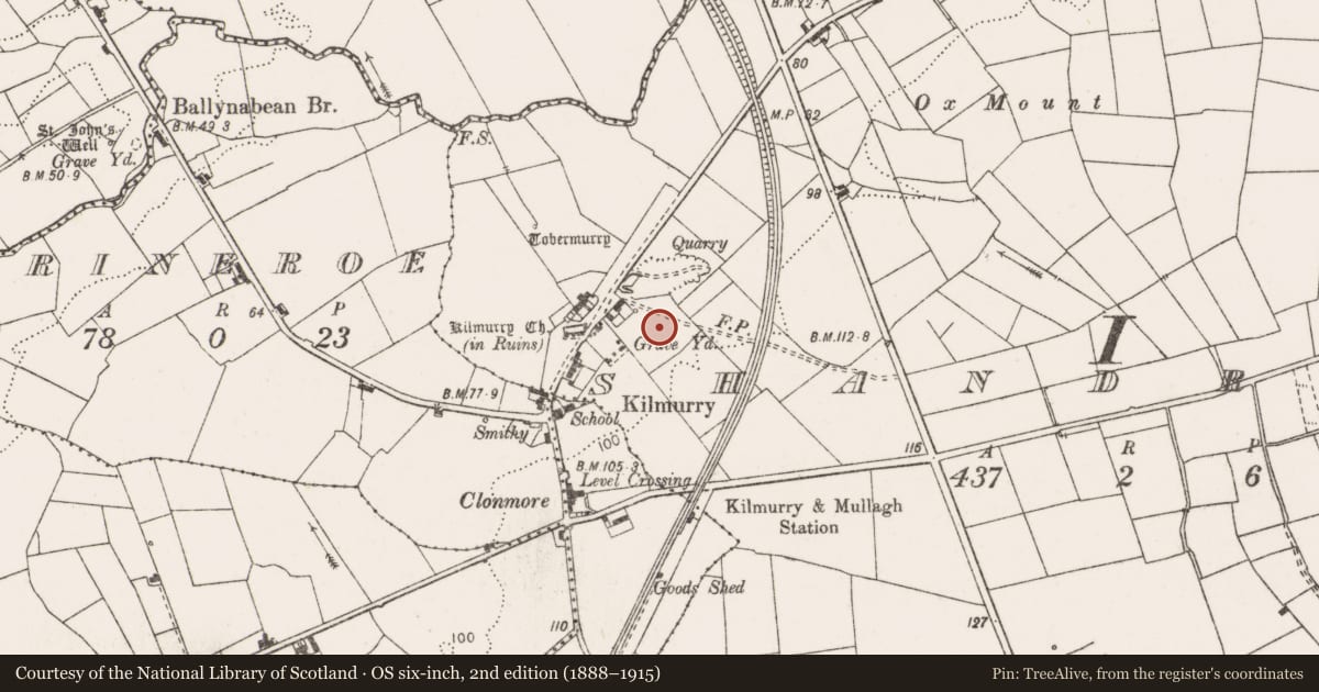 Ordnance Survey six-inch map, 2nd edition (1888–1915) covering the location of Graveyard, Shandrum, County Clare, with a pin at the register's coordinates