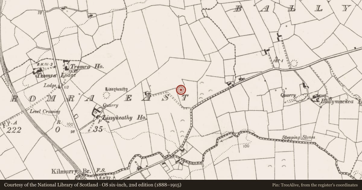 Ordnance Survey six-inch map, 2nd edition (1888–1915) covering the location of Ringfort - rath, Tromra East, County Clare, with a pin at the register's coordinates