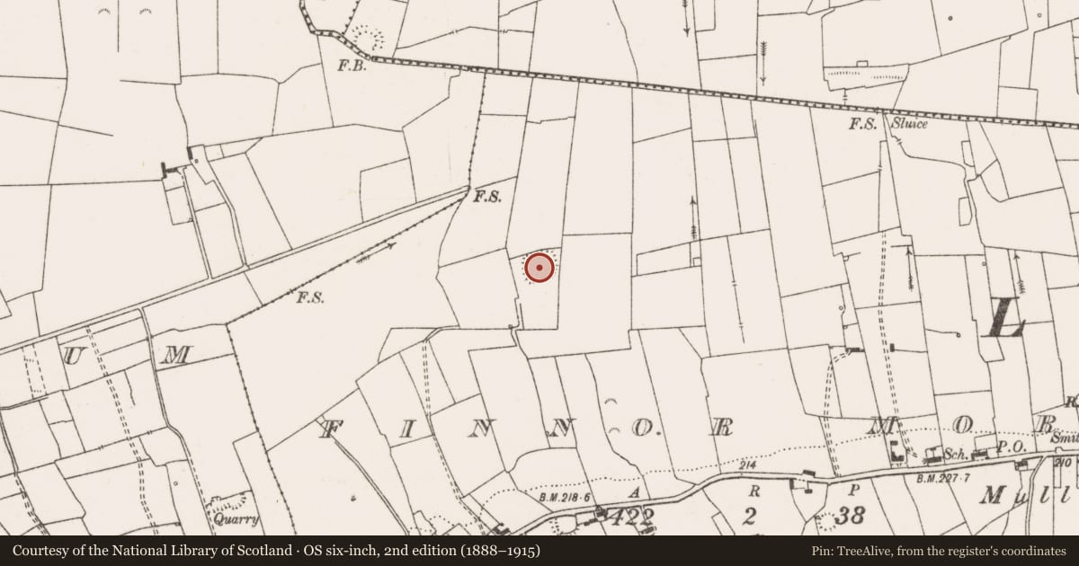 Ordnance Survey six-inch map, 2nd edition (1888–1915) covering the location of Moated site, Finnor More, County Clare, with a pin at the register's coordinates