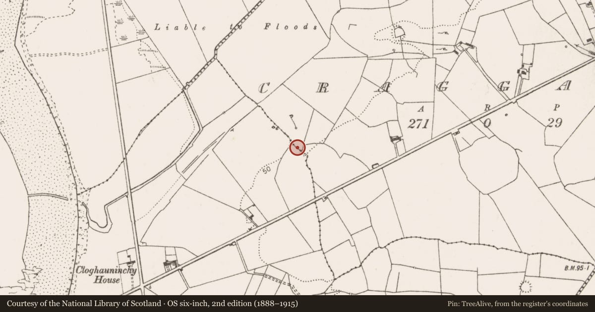 Ordnance Survey six-inch map, 2nd edition (1888–1915) covering the location of Barrow - ring-barrow, Cloghauninchy, Craggaun, County Clare, with a pin at the register's coordinates