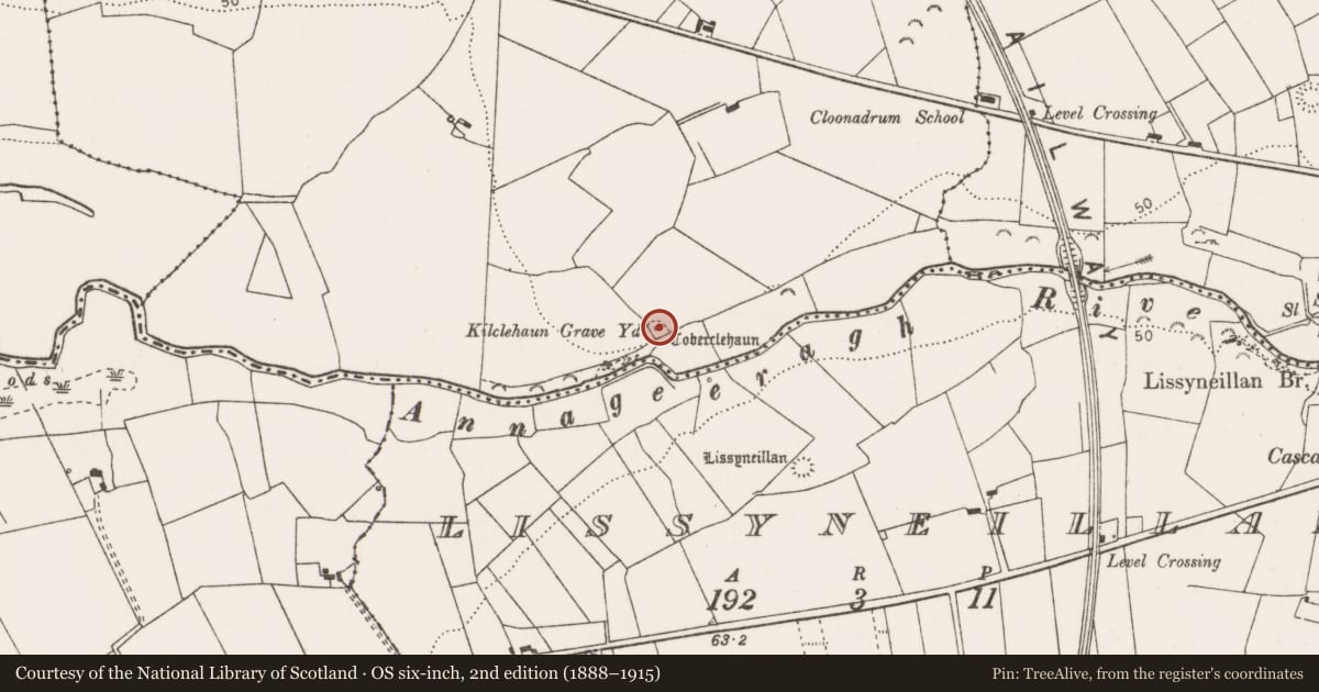 Ordnance Survey six-inch map, 2nd edition (1888–1915) covering the location of Burial ground, Kilclehaun, County Clare, with a pin at the register's coordinates