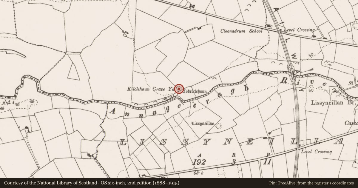 Ordnance Survey six-inch map, 2nd edition (1888–1915) covering the location of Ritual site - holy well, Kilclehaun, County Clare, with a pin at the register's coordinates