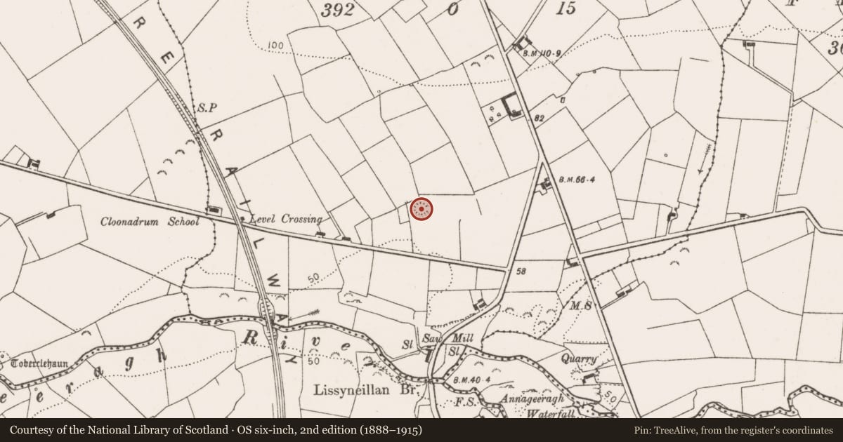 Ordnance Survey six-inch map, 2nd edition (1888–1915) covering the location of Ringfort - rath, Cloonadrum, County Clare, with a pin at the register's coordinates