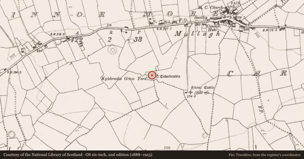 Ordnance Survey six-inch map, 2nd edition (1888–1915) covering the location of Burial ground, Finnor More, County Clare, with a pin at the register's coordinates