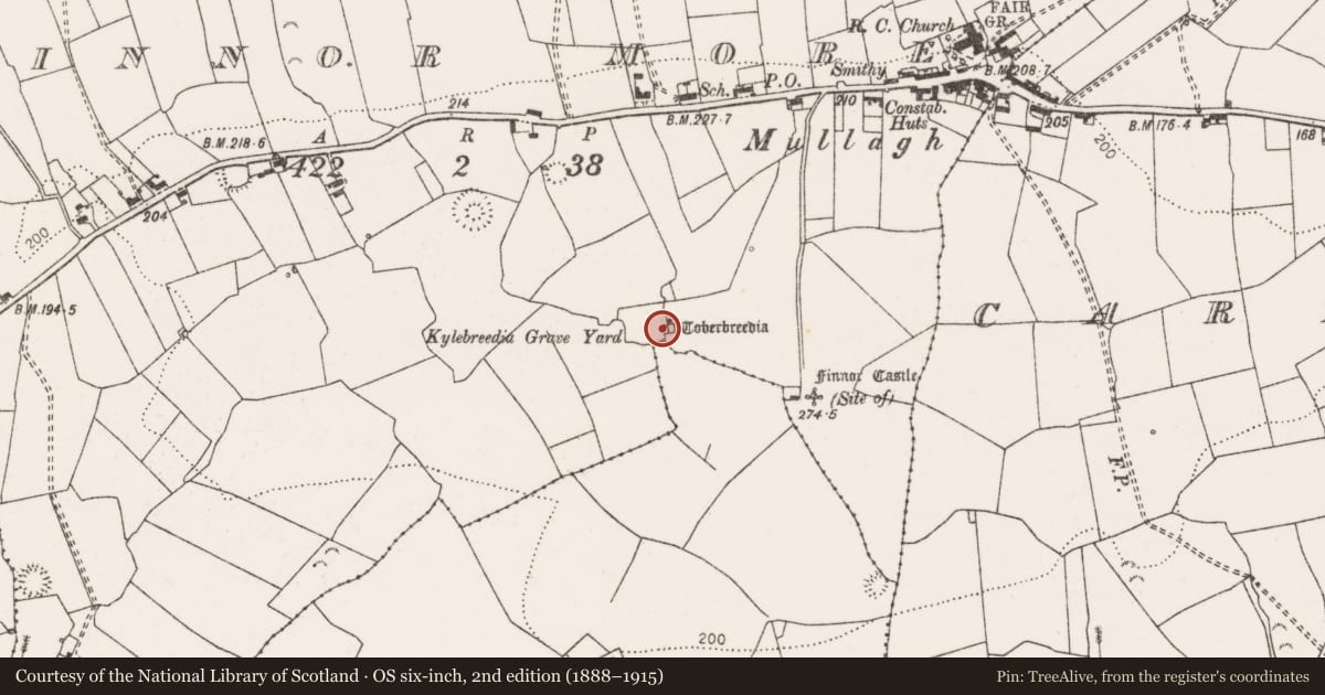 Ordnance Survey six-inch map, 2nd edition (1888–1915) covering the location of Ritual site - holy well, Finnor More, County Clare, with a pin at the register's coordinates