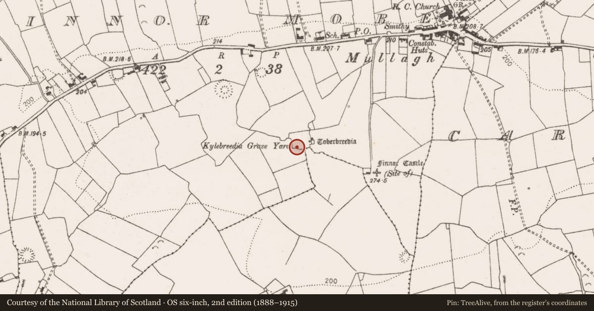Ordnance Survey six-inch map, 2nd edition (1888–1915) covering the location of Ecclesiastical enclosure, Finnor More, County Clare, with a pin at the register's coordinates