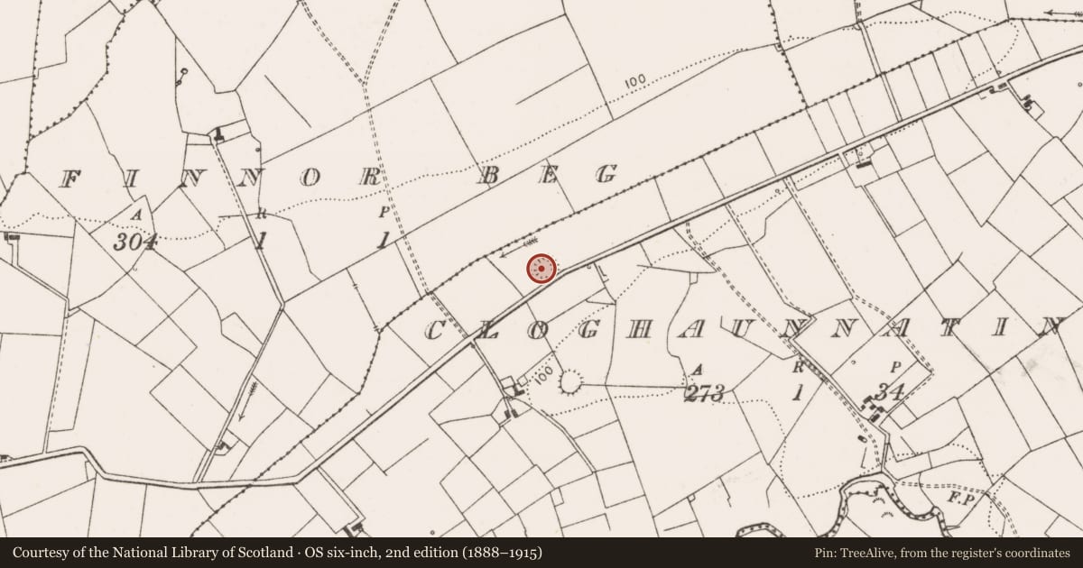 Ordnance Survey six-inch map, 2nd edition (1888–1915) covering the location of Ringfort - rath, Cloghaunnatinny, County Clare, with a pin at the register's coordinates