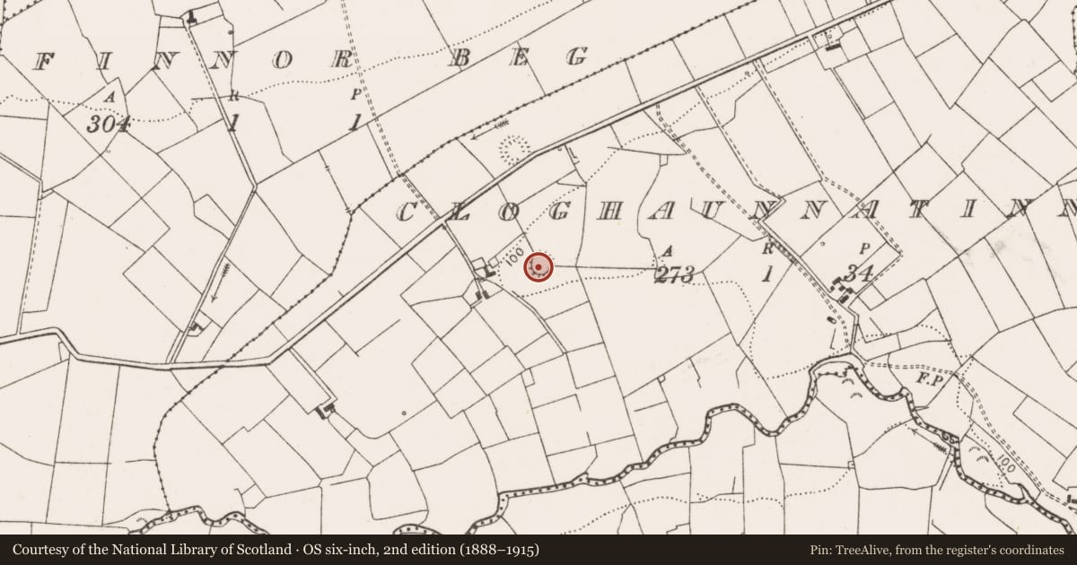 Ordnance Survey six-inch map, 2nd edition (1888–1915) covering the location of Ringfort - rath, Cloghaunnatinny, County Clare, with a pin at the register's coordinates