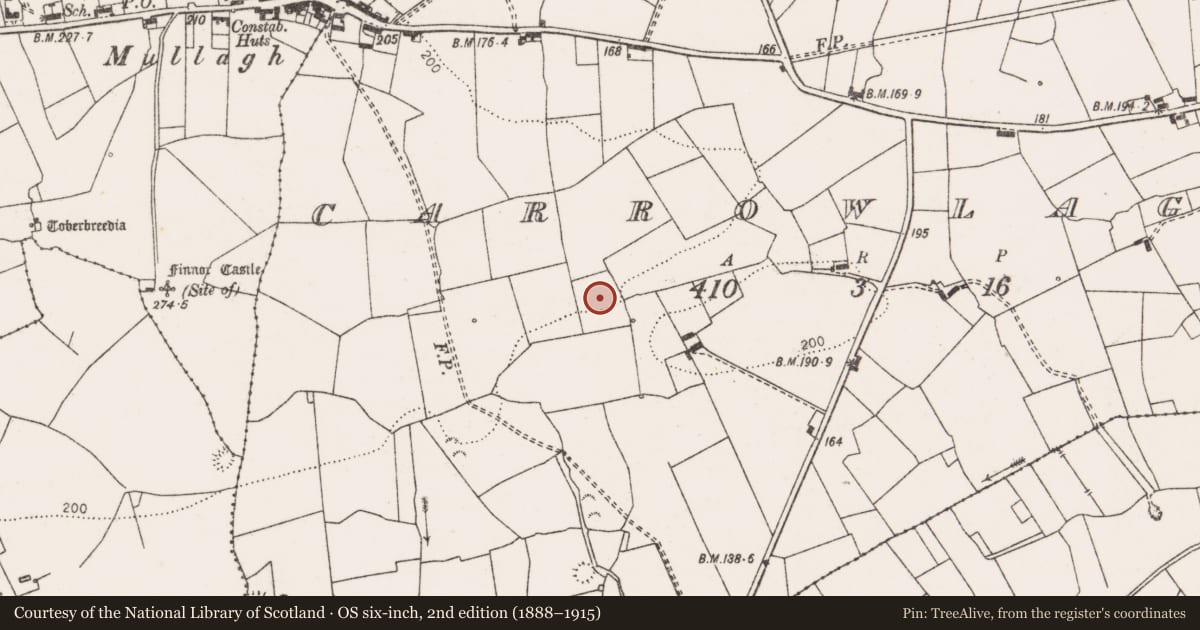 Ordnance Survey six-inch map, 2nd edition (1888–1915) covering the location of Barrow - ring-barrow, Carrowlagan, County Clare, with a pin at the register's coordinates
