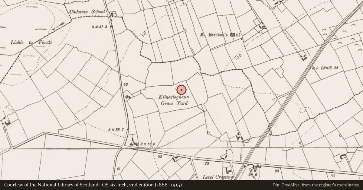 Ordnance Survey six-inch map, 2nd edition (1888–1915) covering the location of Burial ground, Cloonmore, County Clare, with a pin at the register's coordinates