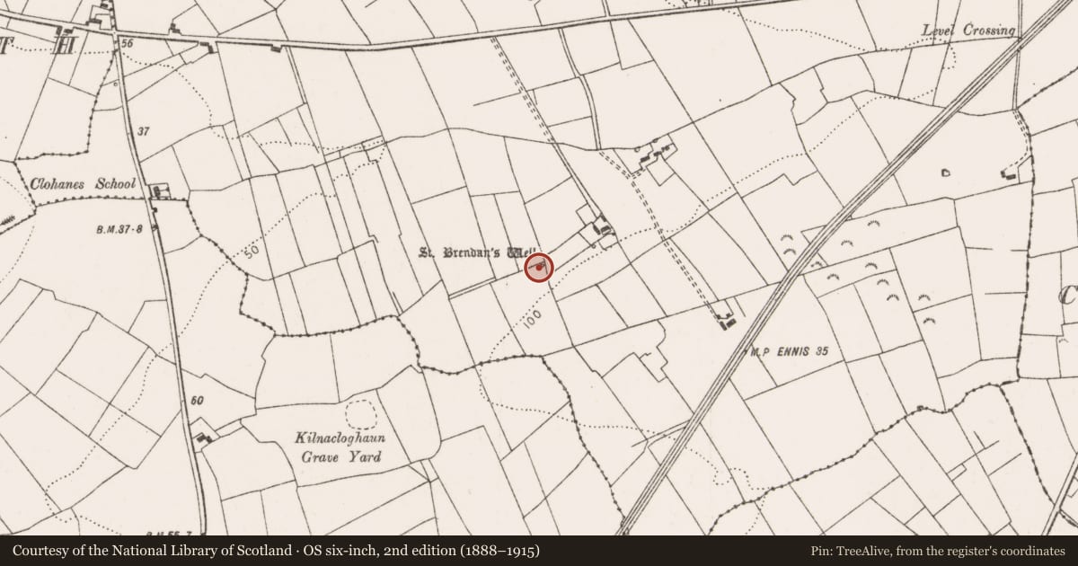 Ordnance Survey six-inch map, 2nd edition (1888–1915) covering the location of Ritual site - holy well, Cloonnagarnaun, County Clare, with a pin at the register's coordinates