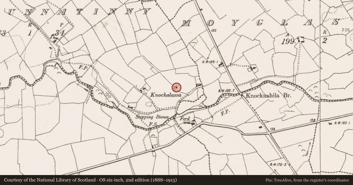 Ordnance Survey six-inch map, 2nd edition (1888–1915) covering the location of Ringfort - rath, Cloghaunnatinny, County Clare, with a pin at the register's coordinates