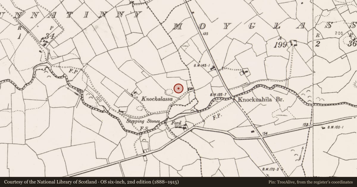 Ordnance Survey six-inch map, 2nd edition (1888–1915) covering the location of Hut site, Cloghaunnatinny, County Clare, with a pin at the register's coordinates