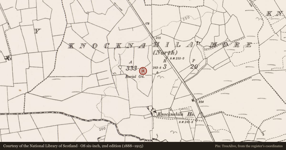 Ordnance Survey six-inch map, 2nd edition (1888–1915) covering the location of Burial ground, Knocknahila More North, County Clare, with a pin at the register's coordinates