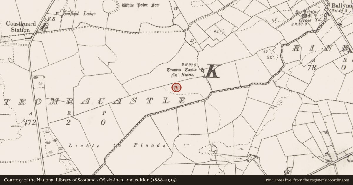 Ordnance Survey six-inch map, 2nd edition (1888–1915) covering the location of Enclosure, Tromracastle, County Clare, with a pin at the register's coordinates