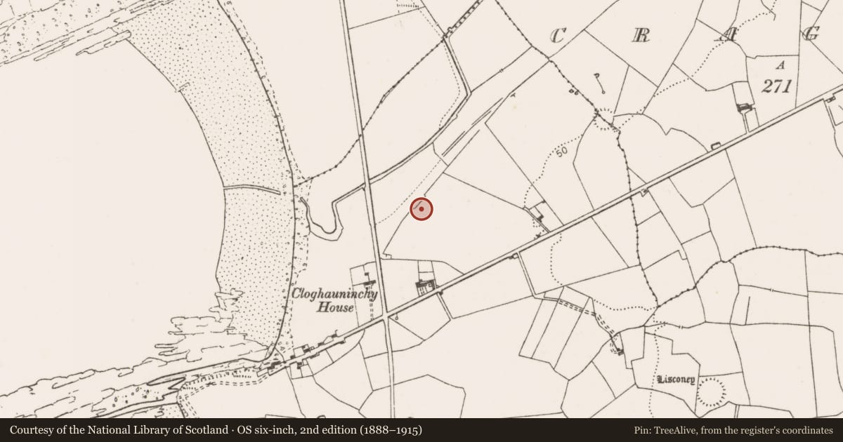 Ordnance Survey six-inch map, 2nd edition (1888–1915) covering the location of Ringfort - rath, Cloghauninchy, County Clare, with a pin at the register's coordinates