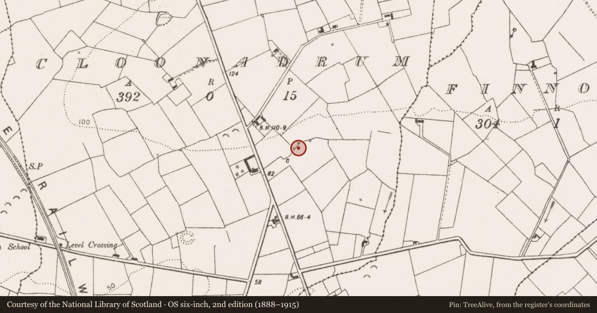 Ordnance Survey six-inch map, 2nd edition (1888–1915) covering the location of Mound, Cloonadrum, County Clare, with a pin at the register's coordinates