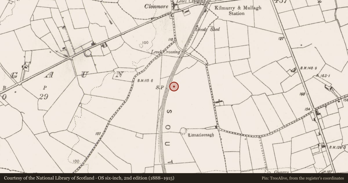 Ordnance Survey six-inch map, 2nd edition (1888–1915) covering the location of Standing stone, Kilclehaun, County Clare, with a pin at the register's coordinates