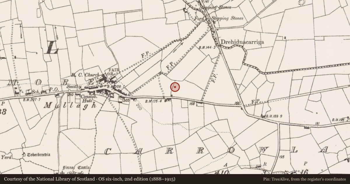 Ordnance Survey six-inch map, 2nd edition (1888–1915) covering the location of Burnt mound, Carrowlagan, County Clare, with a pin at the register's coordinates
