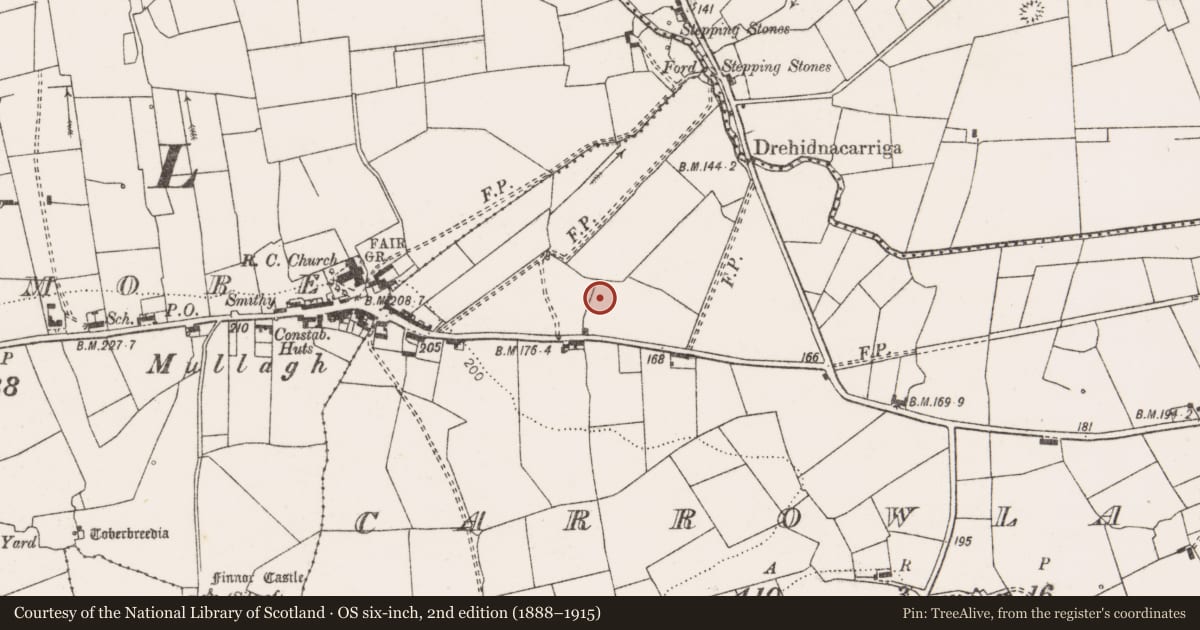 Ordnance Survey six-inch map, 2nd edition (1888–1915) covering the location of Burnt mound, Carrowlagan, County Clare, with a pin at the register's coordinates