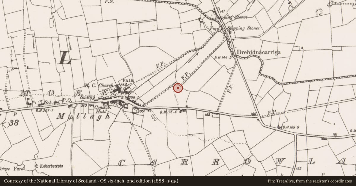 Ordnance Survey six-inch map, 2nd edition (1888–1915) covering the location of Burnt mound, Carrowlagan, County Clare, with a pin at the register's coordinates
