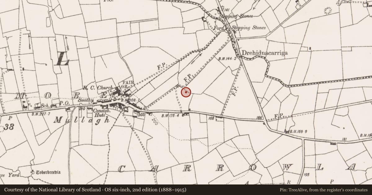 Ordnance Survey six-inch map, 2nd edition (1888–1915) covering the location of Burnt mound, Finnor More, County Clare, with a pin at the register's coordinates