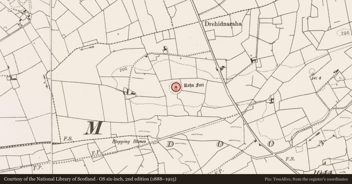 Ordnance Survey six-inch map, 2nd edition (1888–1915) covering the location of Ringfort - rath, Doonogan, County Clare, with a pin at the register's coordinates