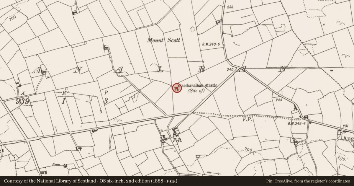 Ordnance Survey six-inch map, 2nd edition (1888–1915) covering the location of Enclosure, Knockanalban, County Clare, with a pin at the register's coordinates