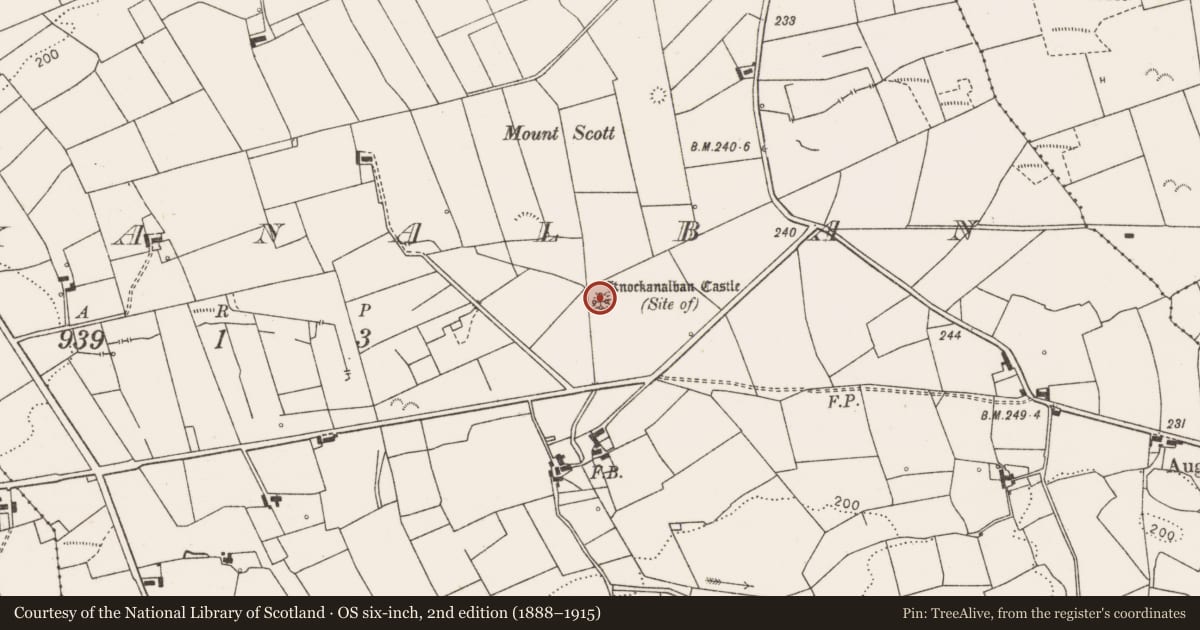 Ordnance Survey six-inch map, 2nd edition (1888–1915) covering the location of Castle - unclassified, Knockanalban, County Clare, with a pin at the register's coordinates