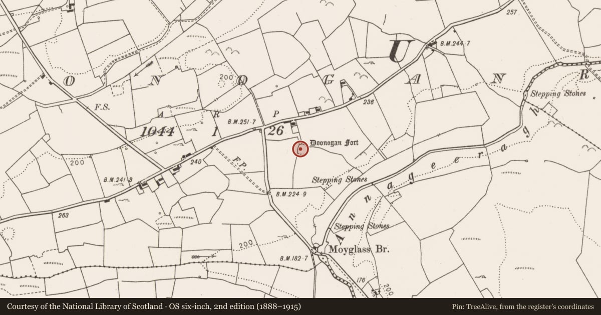 Ordnance Survey six-inch map, 2nd edition (1888–1915) covering the location of Ringfort - rath, Doonogan, County Clare, with a pin at the register's coordinates
