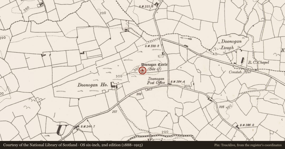 Ordnance Survey six-inch map, 2nd edition (1888–1915) covering the location of Castle - tower house, Doonogan, County Clare, with a pin at the register's coordinates