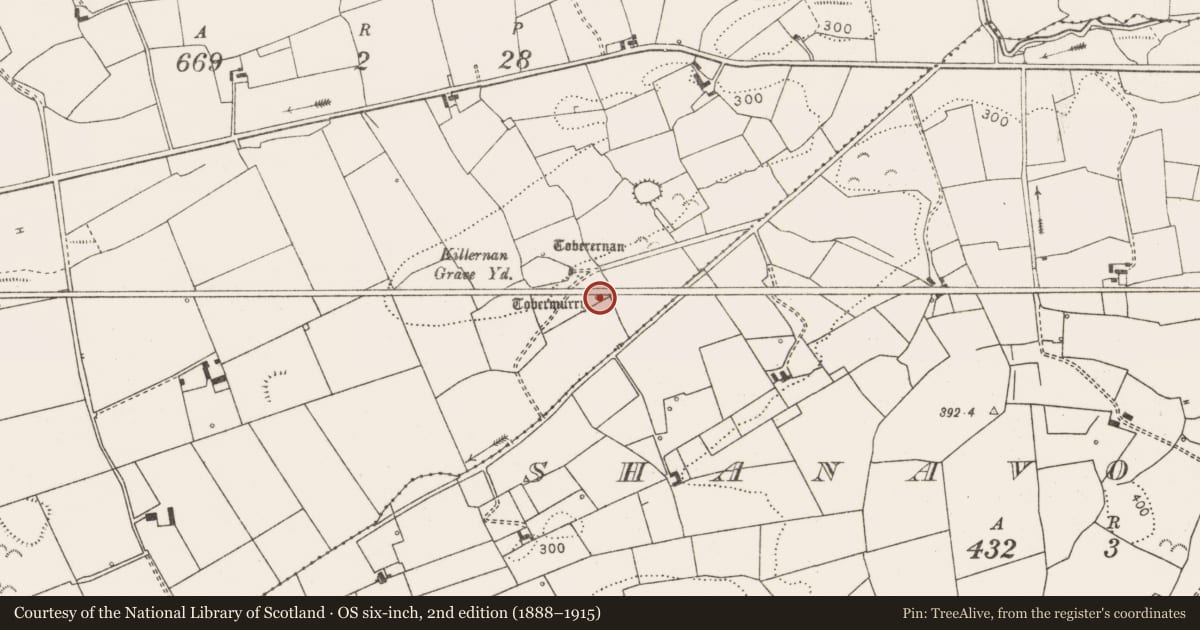 Ordnance Survey six-inch map, 2nd edition (1888–1915) covering the location of Ritual site - holy well, Killernan, County Clare, with a pin at the register's coordinates