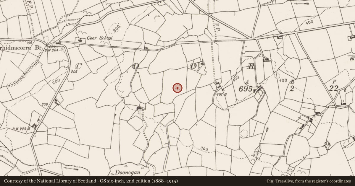 Ordnance Survey six-inch map, 2nd edition (1888–1915) covering the location of Ringfort - rath, Coor West, County Clare, with a pin at the register's coordinates