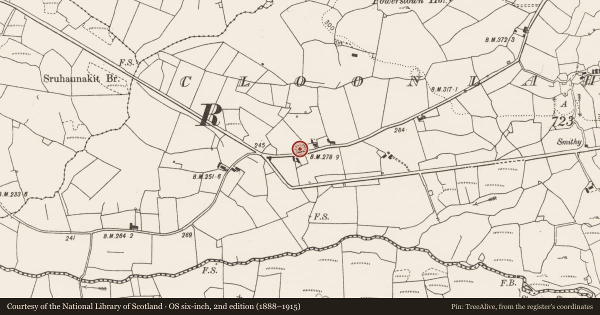 Ordnance Survey six-inch map, 2nd edition (1888–1915) covering the location of Ringfort - rath, Cloonlaheen West, County Clare, with a pin at the register's coordinates