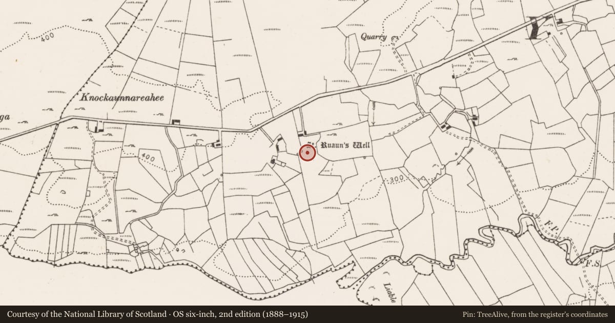 Ordnance Survey six-inch map, 2nd edition (1888–1915) covering the location of Ritual site - holy well, Cloonlaheen Middle, County Clare, with a pin at the register's coordinates