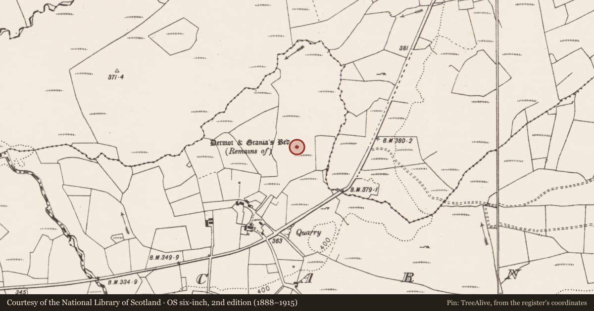 Ordnance Survey six-inch map, 2nd edition (1888–1915) covering the location of Megalithic tomb - wedge tomb, Carncreagh, County Clare, with a pin at the register's coordinates