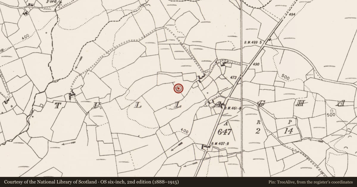 Ordnance Survey six-inch map, 2nd edition (1888–1915) covering the location of Ringfort - rath, Tullaghaboy, County Clare, with a pin at the register's coordinates