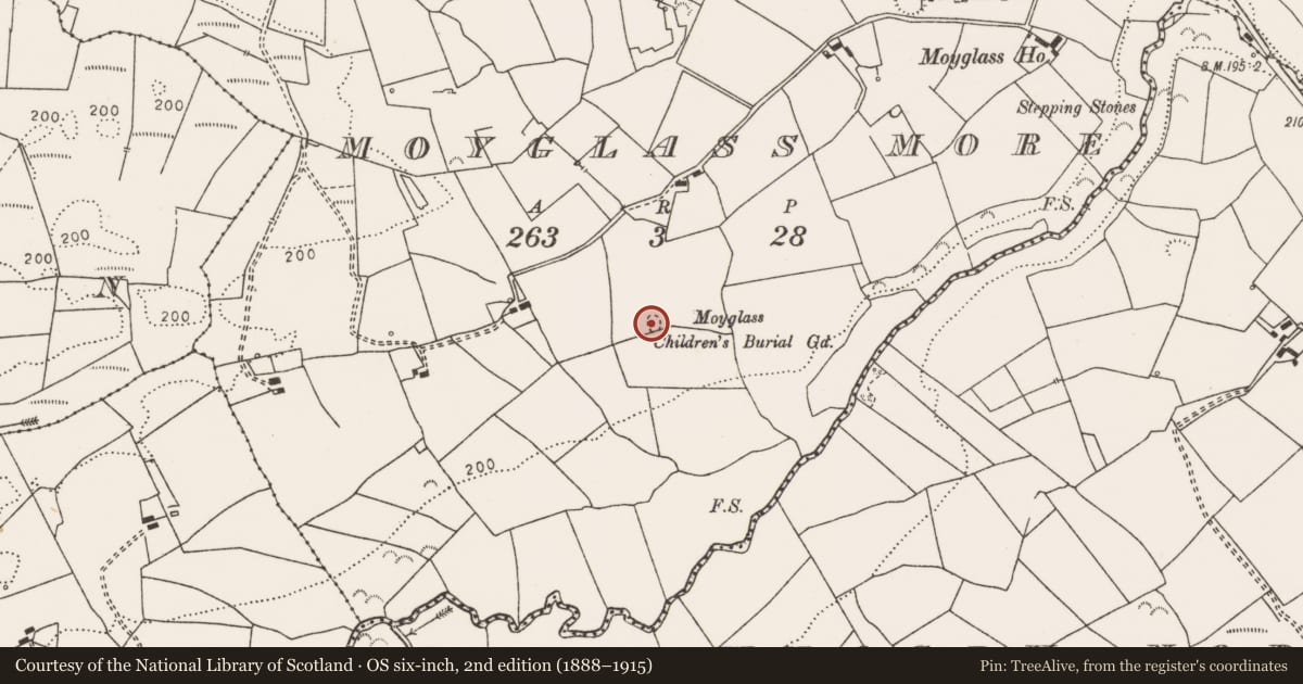 Ordnance Survey six-inch map, 2nd edition (1888–1915) covering the location of Children's burial ground, Moyglass More, County Clare, with a pin at the register's coordinates