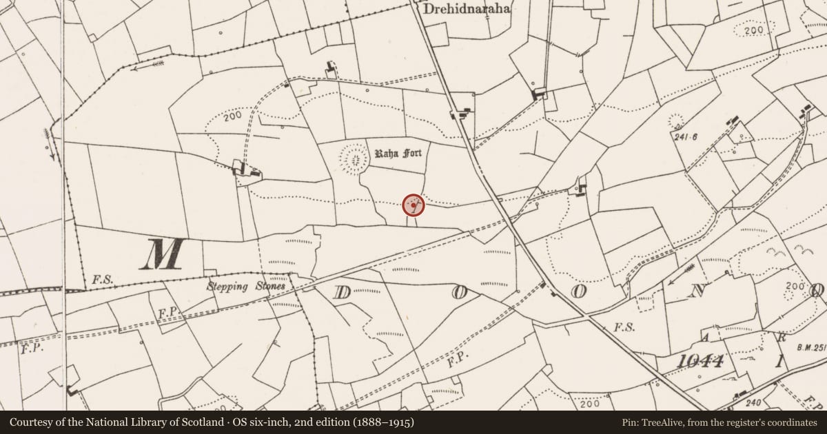 Ordnance Survey six-inch map, 2nd edition (1888–1915) covering the location of Ritual site - holy well, Doonogan, County Clare, with a pin at the register's coordinates