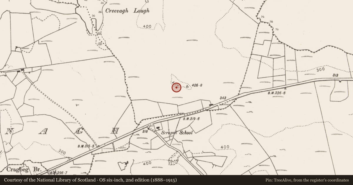Ordnance Survey six-inch map, 2nd edition (1888–1915) covering the location of Enclosure, Creevagh, County Clare, with a pin at the register's coordinates