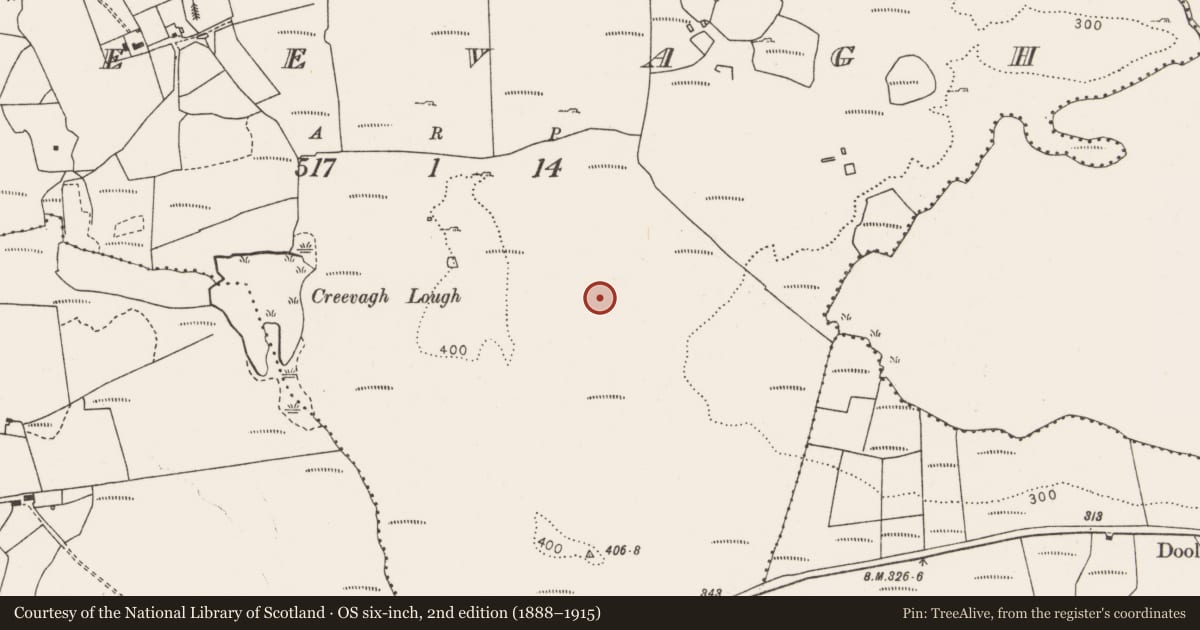 Ordnance Survey six-inch map, 2nd edition (1888–1915) covering the location of Hut site, Creevagh, County Clare, with a pin at the register's coordinates