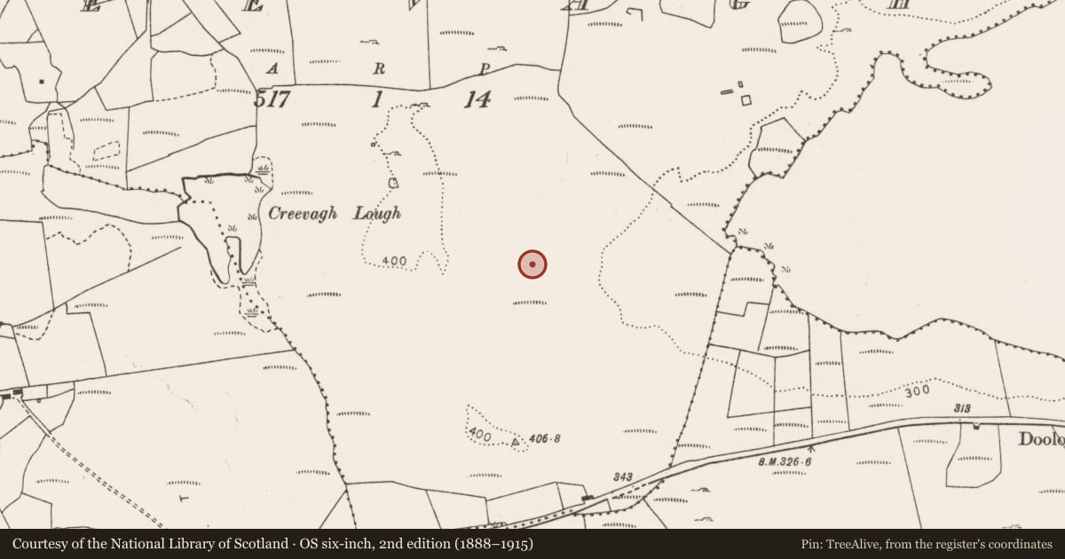 Ordnance Survey six-inch map, 2nd edition (1888–1915) covering the location of Hut site, Creevagh, County Clare, with a pin at the register's coordinates