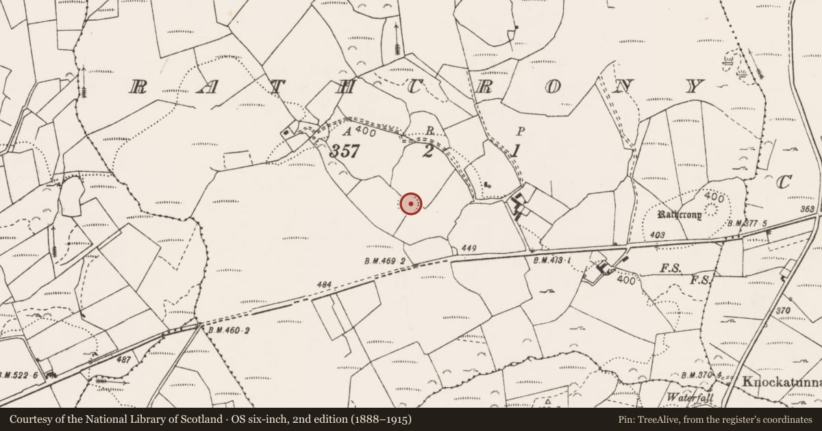 Ordnance Survey six-inch map, 2nd edition (1888–1915) covering the location of Ringfort - rath, Rathcrony, County Clare, with a pin at the register's coordinates