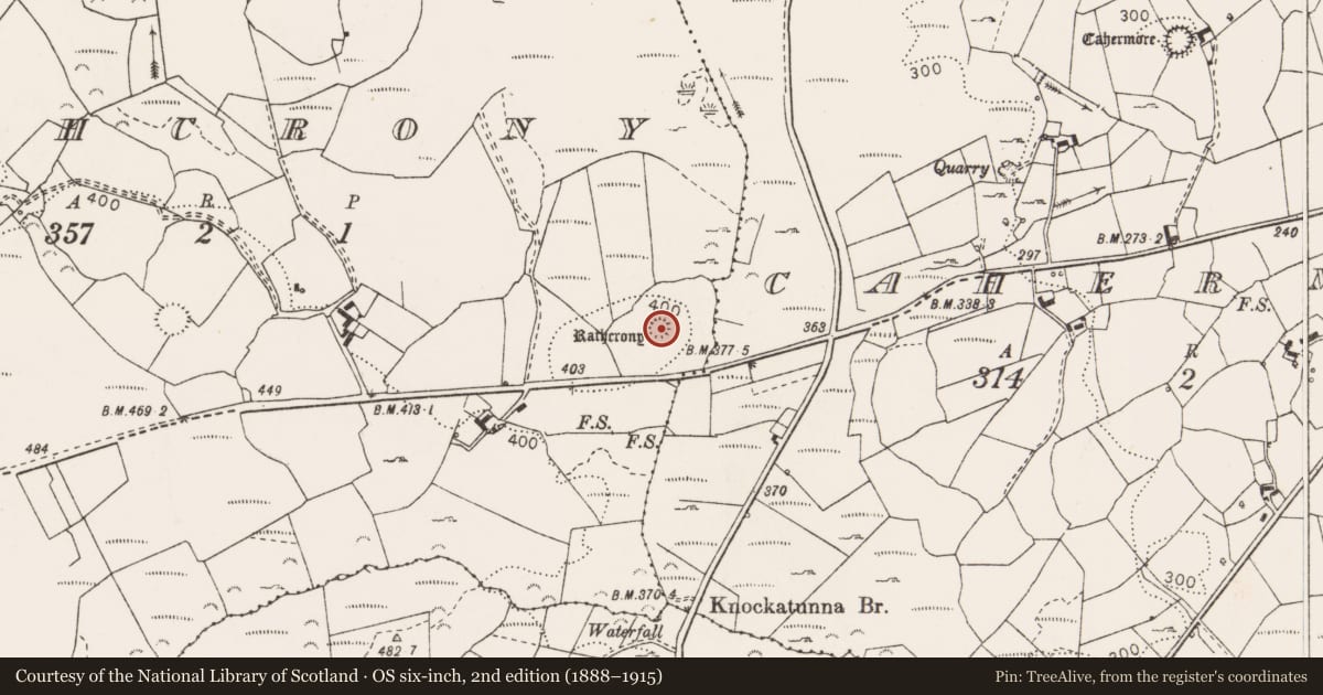 Ordnance Survey six-inch map, 2nd edition (1888–1915) covering the location of Ringfort - rath, Rathcrony, County Clare, with a pin at the register's coordinates