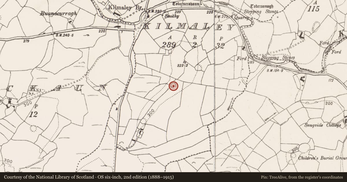 Ordnance Survey six-inch map, 2nd edition (1888–1915) covering the location of Ringfort - rath, Kilmaley, County Clare, with a pin at the register's coordinates