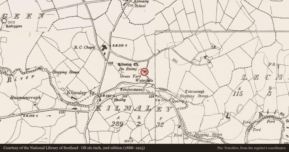 Ordnance Survey six-inch map, 2nd edition (1888–1915) covering the location of Church, Kilmaley, County Clare, with a pin at the register's coordinates