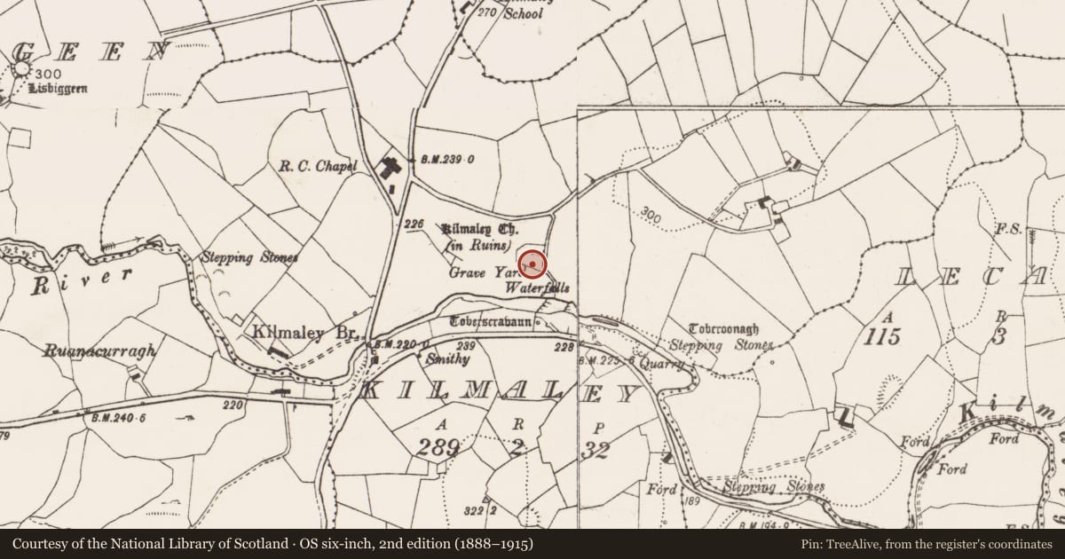 Ordnance Survey six-inch map, 2nd edition (1888–1915) covering the location of Graveyard, Kilmaley, County Clare, with a pin at the register's coordinates