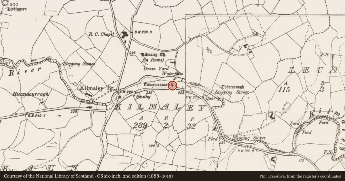 Ordnance Survey six-inch map, 2nd edition (1888–1915) covering the location of Ritual site - holy well, Kilmaley, County Clare, with a pin at the register's coordinates