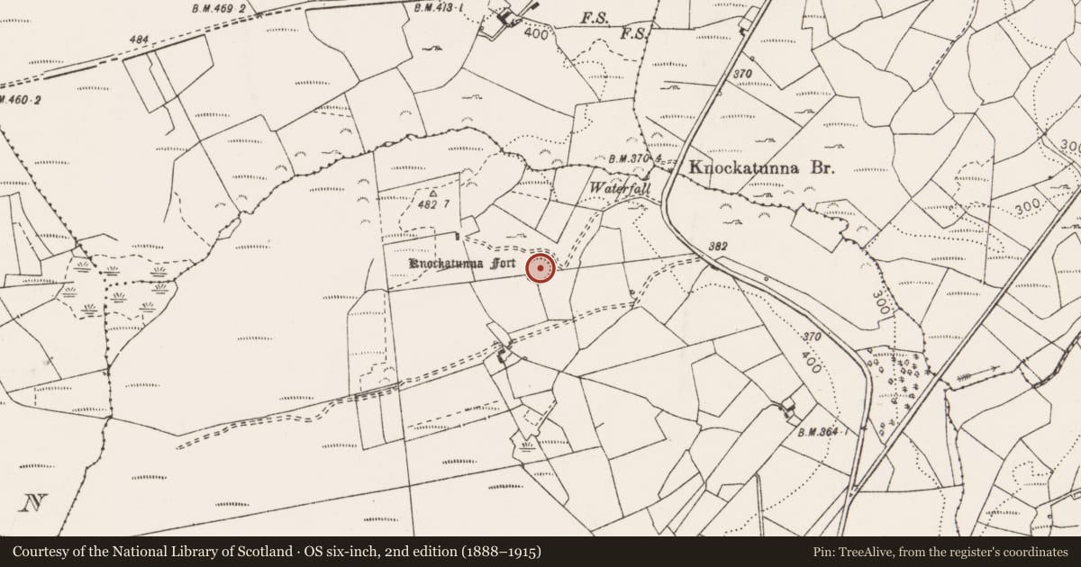 Ordnance Survey six-inch map, 2nd edition (1888–1915) covering the location of Ringfort - rath, Knockatunna, County Clare, with a pin at the register's coordinates